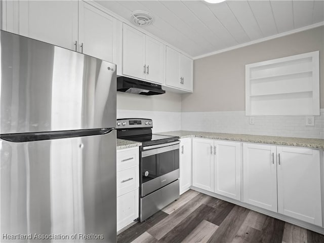 kitchen featuring appliances with stainless steel finishes, dark hardwood / wood-style floors, white cabinetry, light stone counters, and crown molding