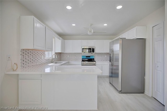 kitchen featuring appliances with stainless steel finishes, white cabinets, and kitchen peninsula