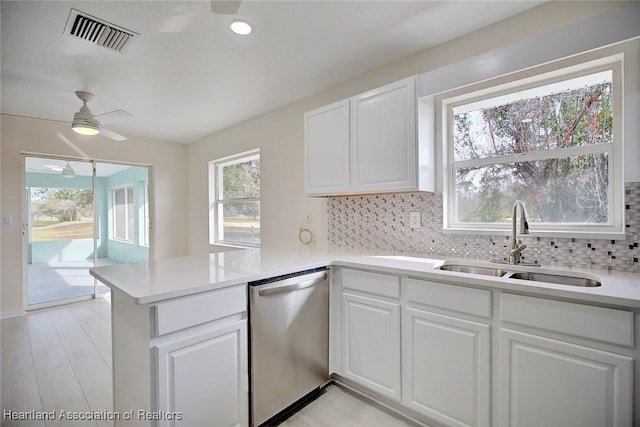 kitchen with sink, tasteful backsplash, dishwasher, kitchen peninsula, and white cabinets