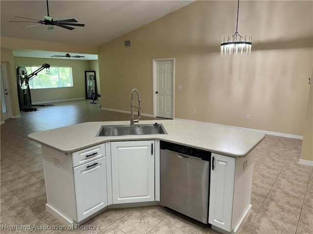 kitchen with white cabinets, dishwasher, pendant lighting, and sink