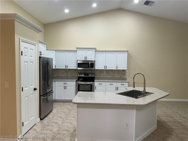 kitchen featuring white cabinetry, decorative backsplash, sink, and stainless steel appliances