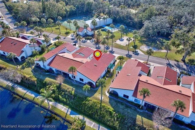 drone / aerial view featuring a water view