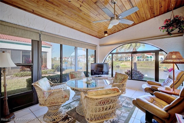 sunroom / solarium with ceiling fan, lofted ceiling, and wood ceiling