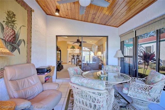 interior space featuring light tile patterned floors and wood ceiling