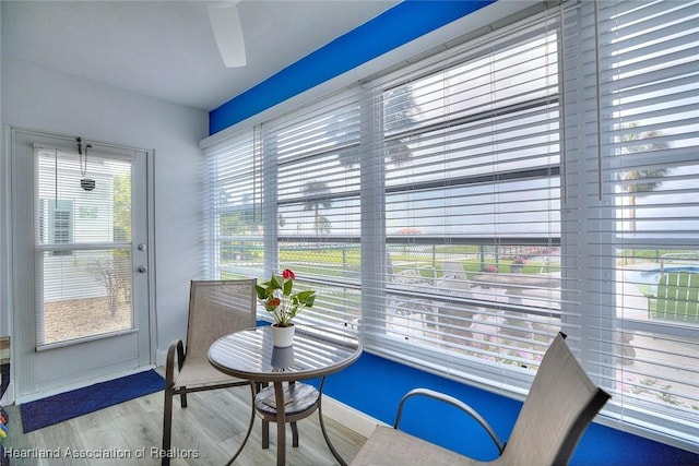 dining space with ceiling fan and wood finished floors