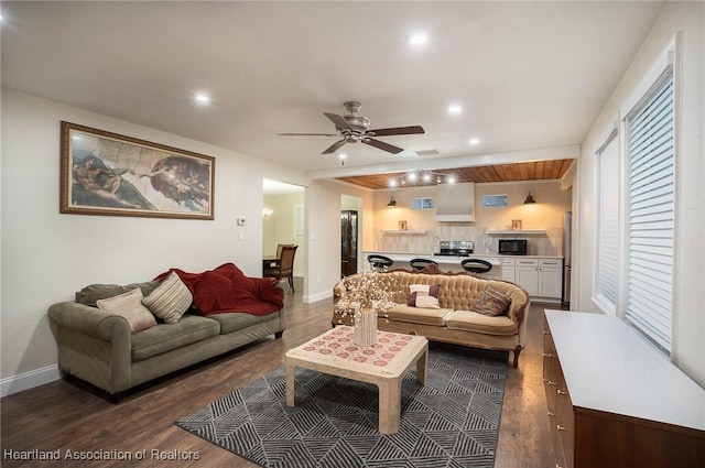 living room featuring ceiling fan and dark wood-type flooring