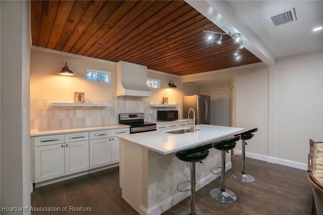 kitchen with sink, stainless steel appliances, backsplash, premium range hood, and white cabinets