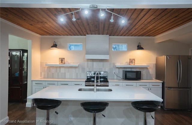 kitchen featuring a breakfast bar, wood ceiling, custom range hood, and appliances with stainless steel finishes