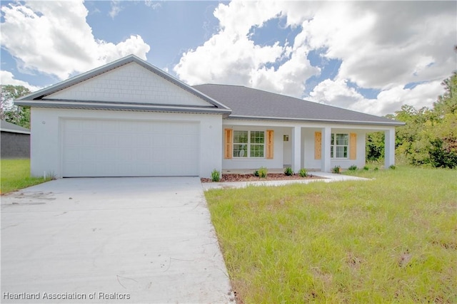 ranch-style house with a front yard and a garage