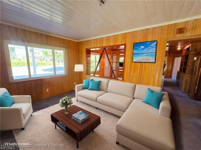 living room featuring crown molding, wood ceiling, wooden walls, and carpet flooring