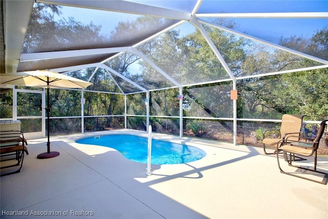 view of pool featuring a lanai and a patio area