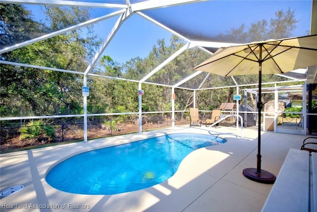 view of swimming pool with a lanai and a patio