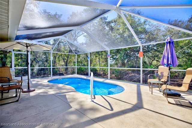 view of swimming pool with a patio and glass enclosure