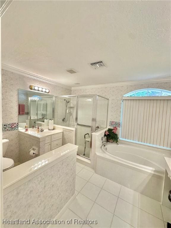 full bath with a bath, a stall shower, visible vents, tile patterned flooring, and crown molding