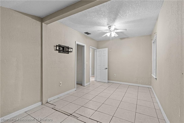1108 Edgemoor Ave, Sebring, FL 33870 - spare room featuring a ceiling fan, a textured wall, a textured ceiling, and light tile patterned floors