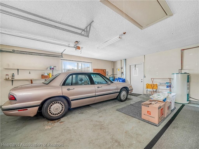 parking deck with water heater and a garage door opener