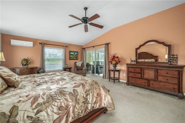 bedroom with lofted ceiling, ceiling fan, a wall unit AC, light carpet, and access to outside