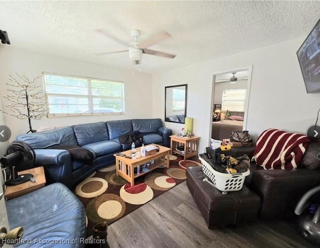 living room with ceiling fan, wood-type flooring, and a textured ceiling