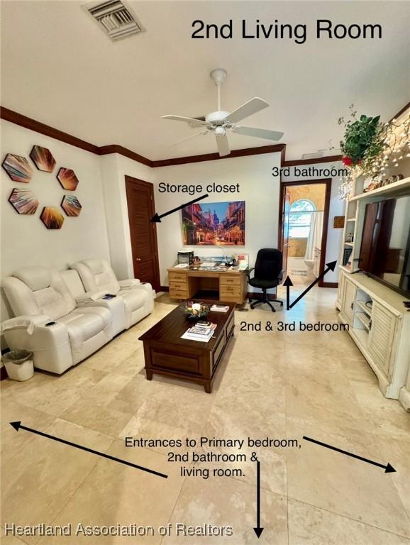 4205 Cremona Ct, Sebring, FL 33872 - living area with a ceiling fan, ornamental molding, and visible vents