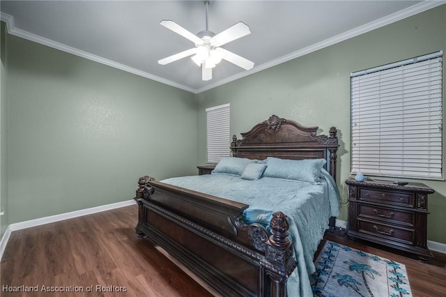 bedroom featuring ceiling fan, dark hardwood / wood-style floors, and ornamental molding