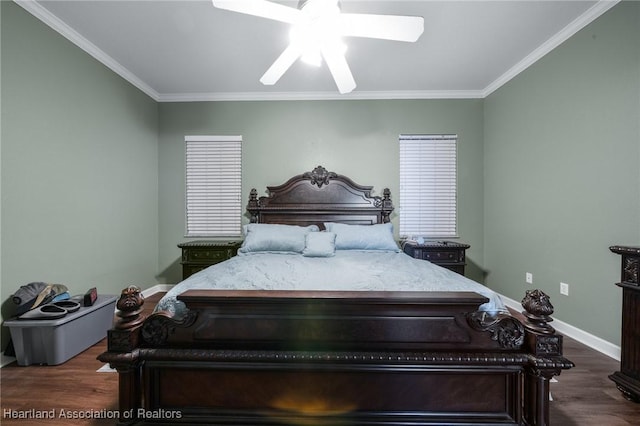 bedroom featuring ceiling fan, dark hardwood / wood-style floors, and ornamental molding