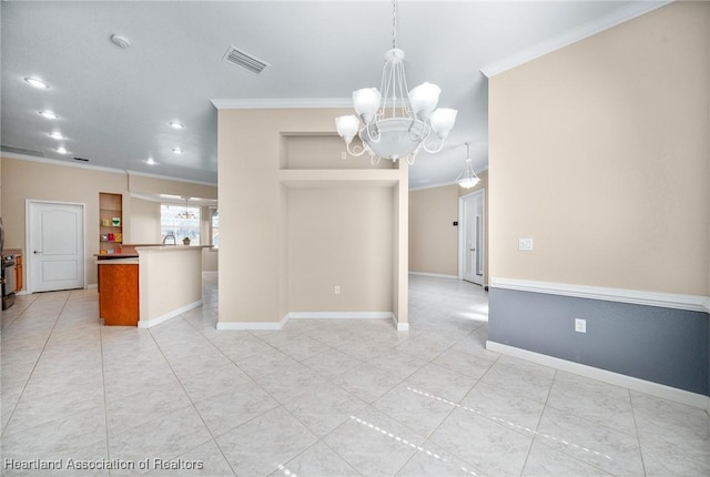 unfurnished dining area with an inviting chandelier and crown molding