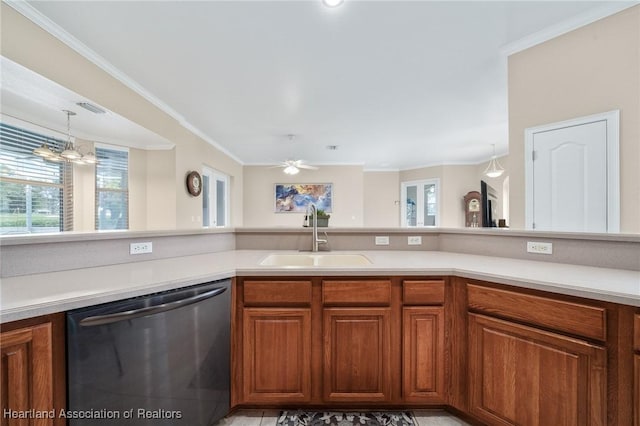 kitchen with pendant lighting, ceiling fan with notable chandelier, sink, stainless steel dishwasher, and ornamental molding