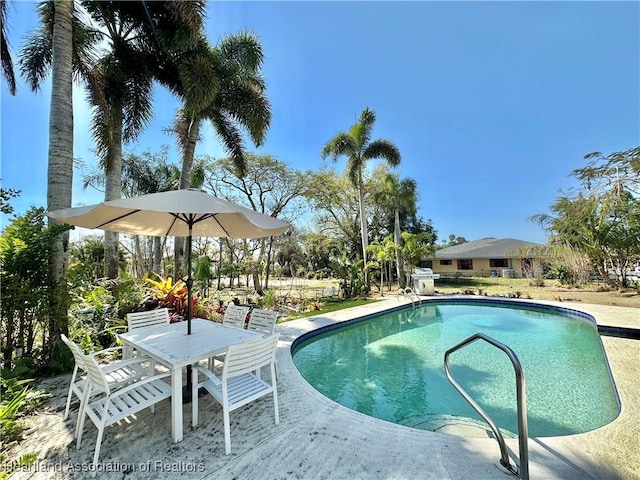 outdoor pool featuring outdoor dining space and a patio area