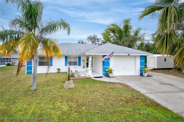 4231 Leaf Rd, Sebring, FL 33875 - single story home with a shed, stucco siding, a front yard, an attached garage, and concrete driveway