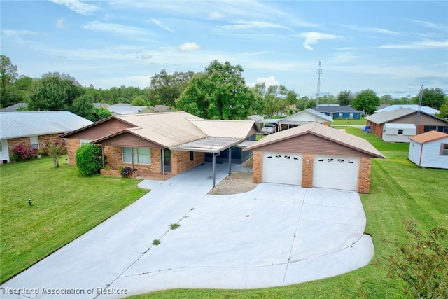 single story home with a garage and a front lawn