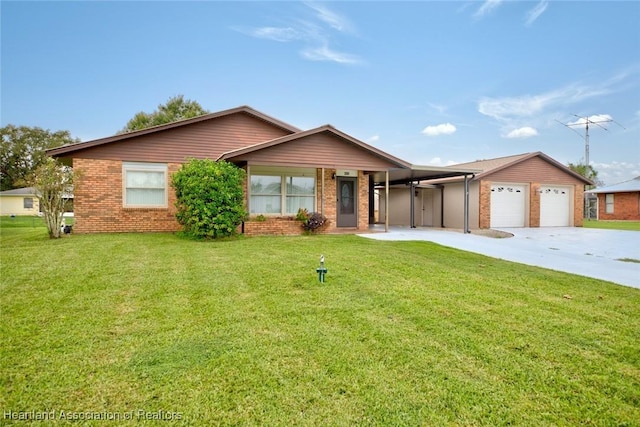 ranch-style house featuring a garage and a front yard