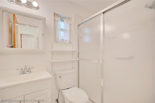 bathroom with vanity, a shower with shower door, and toilet