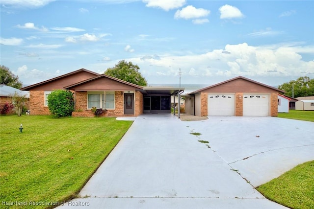 ranch-style house with a front yard and a carport