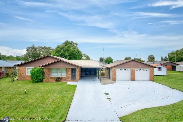 ranch-style home with a carport, a garage, and a front lawn