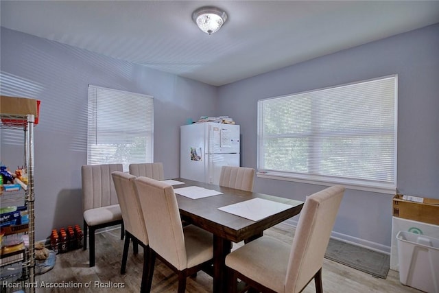 dining space with light hardwood / wood-style floors