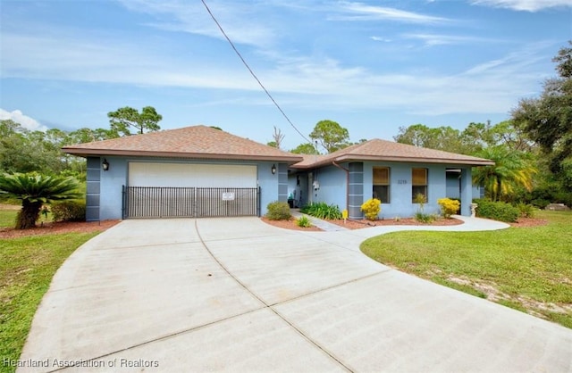 ranch-style house featuring a front lawn and a garage