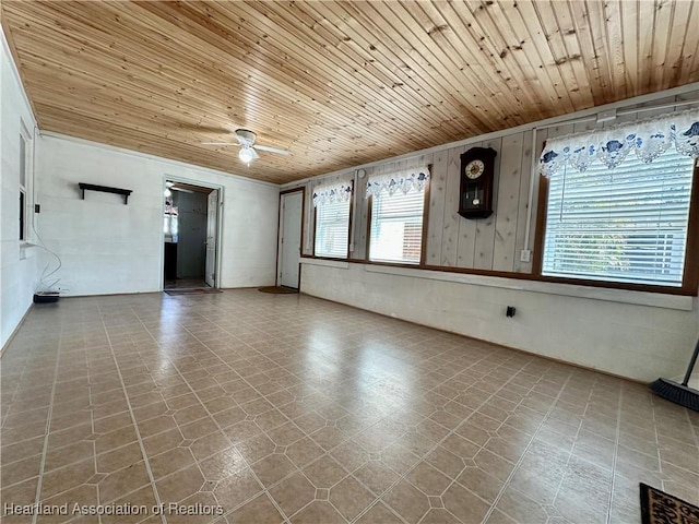 empty room featuring wood ceiling and ceiling fan