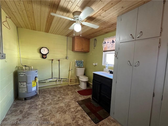 bathroom featuring water heater, vanity, ceiling fan, toilet, and wooden ceiling