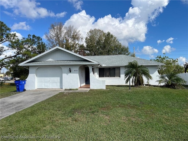 ranch-style house featuring a garage, stucco siding, driveway, and a front yard