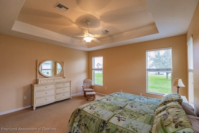 bedroom with carpet, a tray ceiling, and ceiling fan