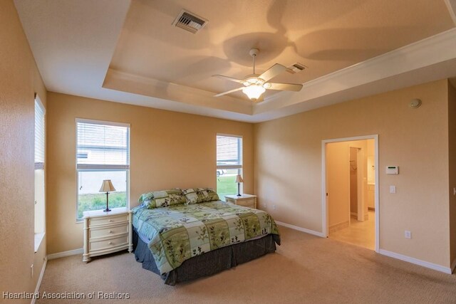 carpeted bedroom with a raised ceiling, multiple windows, and ceiling fan