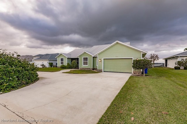 ranch-style house with a front yard and a garage