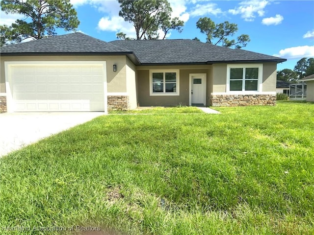 view of front of home featuring stucco siding, a shingled roof, stone siding, driveway, and a front lawn