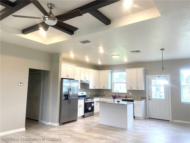 kitchen featuring pendant lighting, a center island, white cabinetry, and appliances with stainless steel finishes