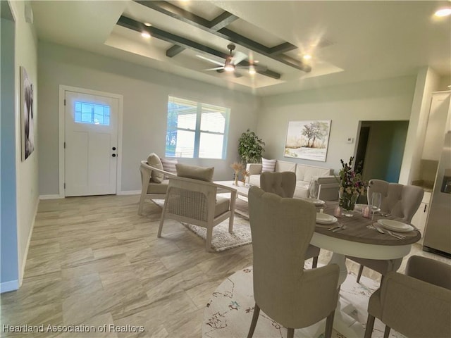 dining space featuring baseboards, coffered ceiling, and beam ceiling