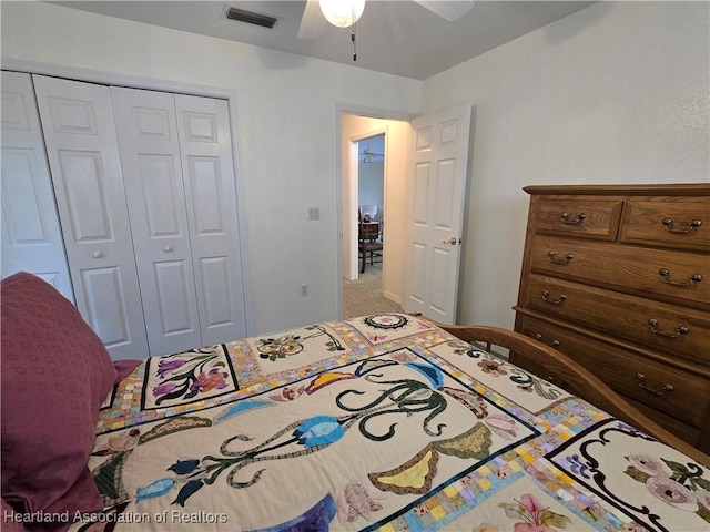 unfurnished bedroom with carpet flooring, a closet, and ceiling fan