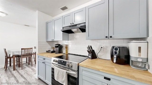 kitchen featuring decorative backsplash, butcher block countertops, stainless steel electric range oven, and light hardwood / wood-style flooring