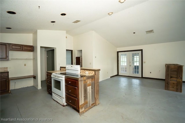 kitchen featuring white range with electric stovetop, dark brown cabinetry, concrete floors, and lofted ceiling