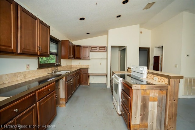 kitchen with wood counters, a textured ceiling, vaulted ceiling, sink, and white electric range