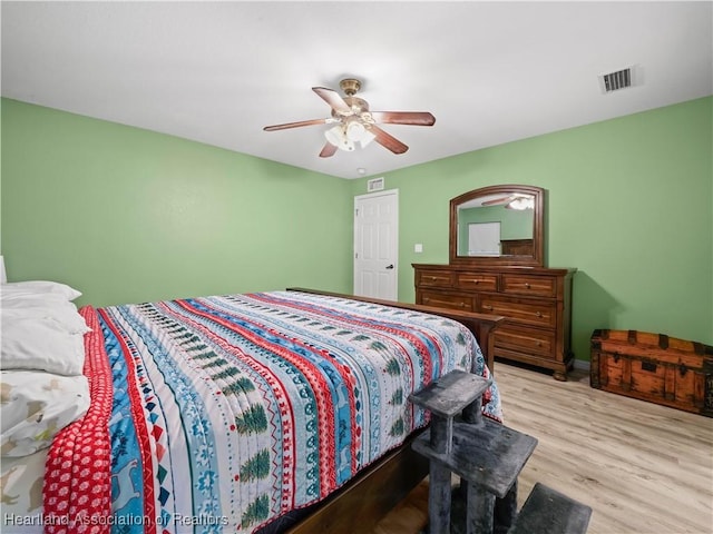 bedroom with light hardwood / wood-style floors and ceiling fan